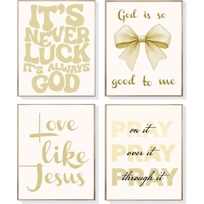 EVER-GOING TUNE Pink Girly Jesus Wall Decor Set of 4,pirational Bible Verses Bow Poster,pirational Bible Verses Bow Art Decor, for Girls Bedroom