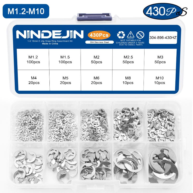 NINDEJIN 430pcs e-clip Assortment Kit M1.2-M10 Stainless Steel Carbon Steel Snap Ring Washer E-shaped External Retaining Ring