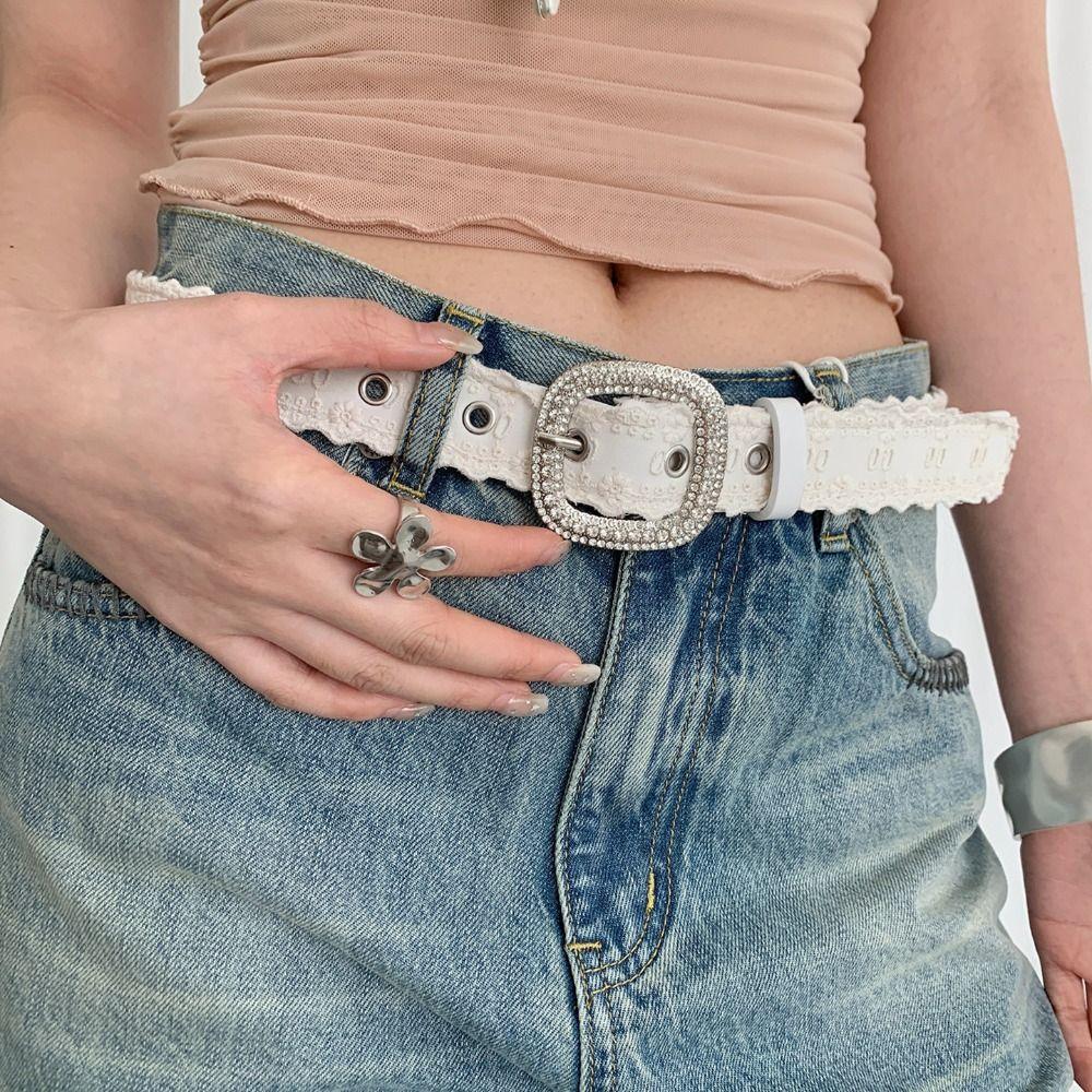 Square Buckle Rhinestone Belt PU Leather Women Waistband Vintage Lace Belt Female