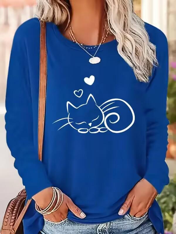Women’s Cat Print Sweatshirt - Long Sleeve Pullover with Sleeping Kittens & Hearts