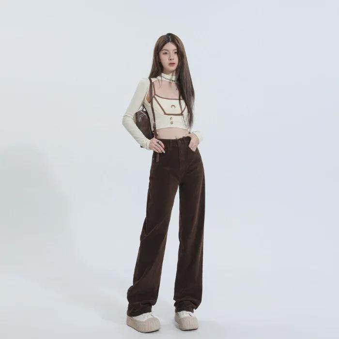 Женские коричневые вельветовые брюки широкого кроя: Высокая талия, ретро-стиль для мытья полов на осень и зиму