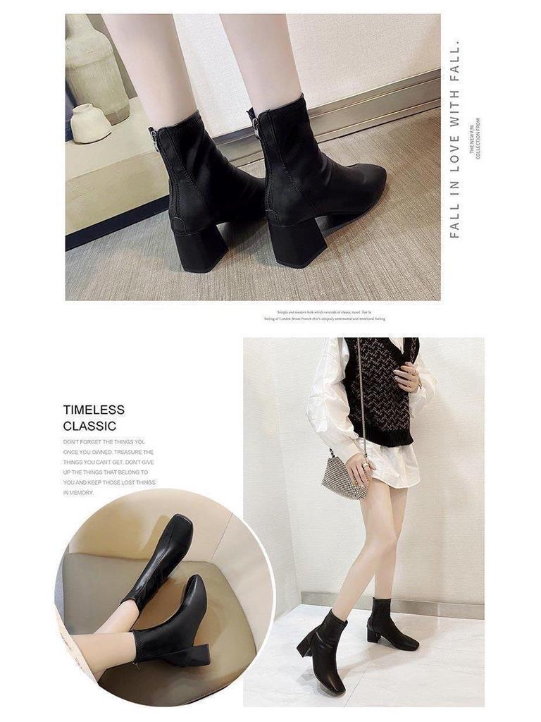 2021 Women's Square Toe Chunky Heel Martin Boots with Back Zipper - European & American Winter Style