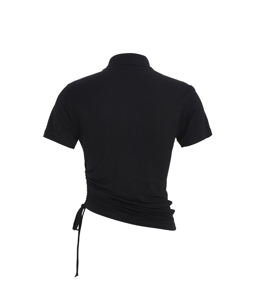 SECONDSALT Shirred Choker Half-Neck T-Shirt (Black)