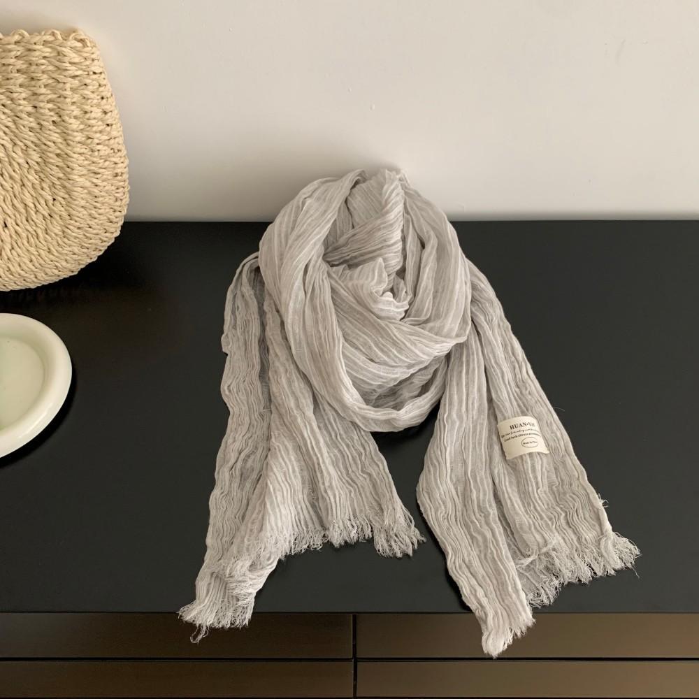 New Autumn and Winter Warm Long Solid Color Pleated Cotton and Linen Scarf Women's Shawl Versatile Yarn Fringed Scarf