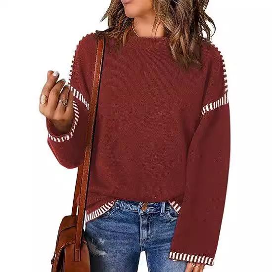Women Sweater Elegant O-neck Long Sleeve Pollover Winter Patchwork Ladies Commuter Outwear