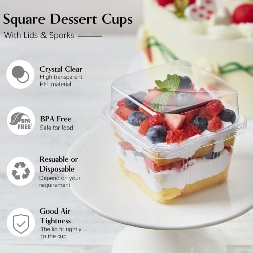 Qeirudu 50-Pack 8oz Square Plastic Dessert Cups with Lids and Sporks, Disposable Cake Cups, Yogurt Parfait Containers for Fruit, Pudding, Mousse, Ice