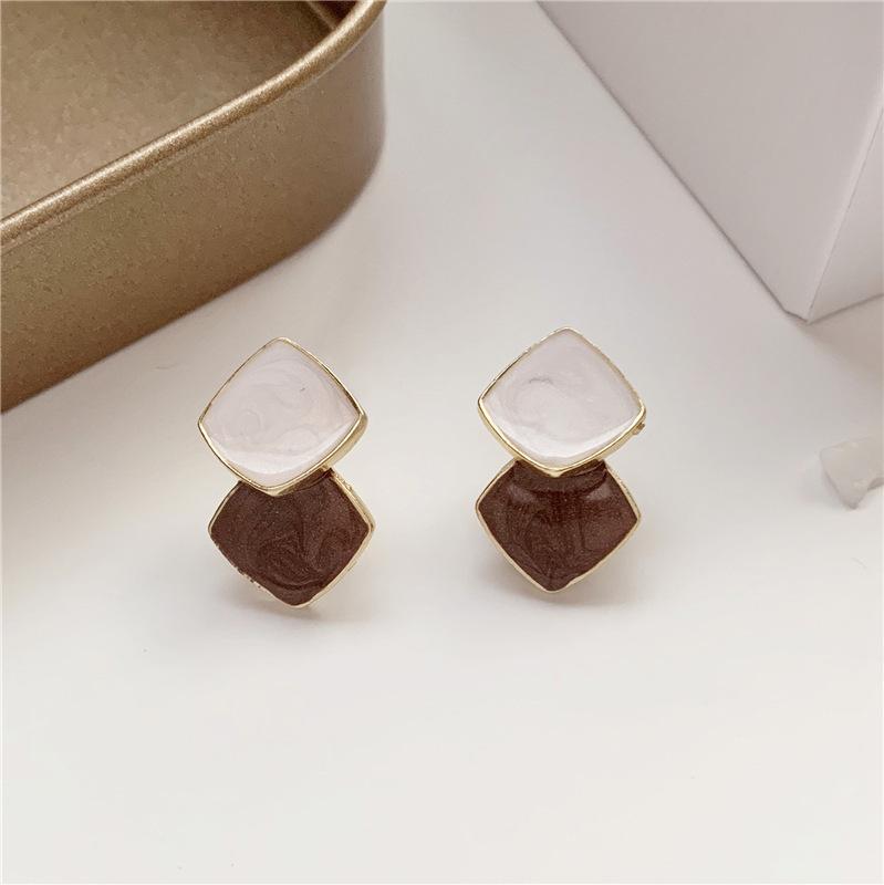 Enamel Blue Double Square Contrasting Color Stud Earrings for Women Modern Korean Fashion Cute Girl Geometry Zircon Accessories