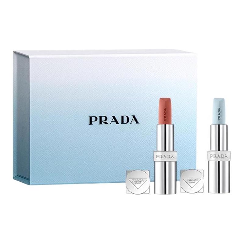 Prada Набор косметики 2026 Новый год Ограниченная серия Знаменитость Набор из двух предметов: #U001 синий бальзам для губ (нет в наличии), 3,8 г + #B101 натурально-бежевая помада, 3,8 г
