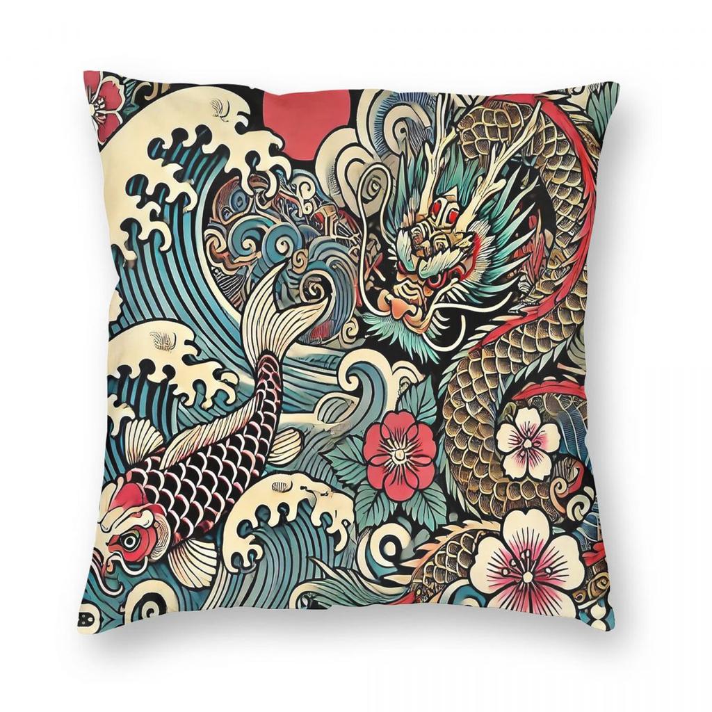 Japanese Irezumi Tattoo Dragon Koi Pillowcase Polyester Linen Velvet Pattern Zip Decorative Throw Pillow Case Bed Cushion Cover