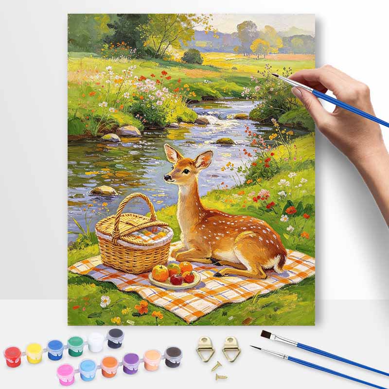 Oil painting DIY digital painting handpainted cute deer river picnic basket landscape living room hallway decorative wall hanging