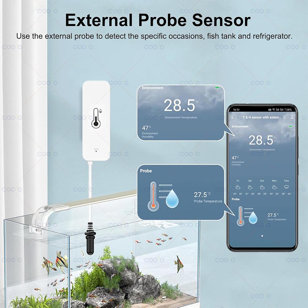Tuya WiFi/ Zigbee Датчик температуры и влажности с внешним зондом для приложения Smart Life, Alexa, Google Assistant для морозильной камеры, аквариума