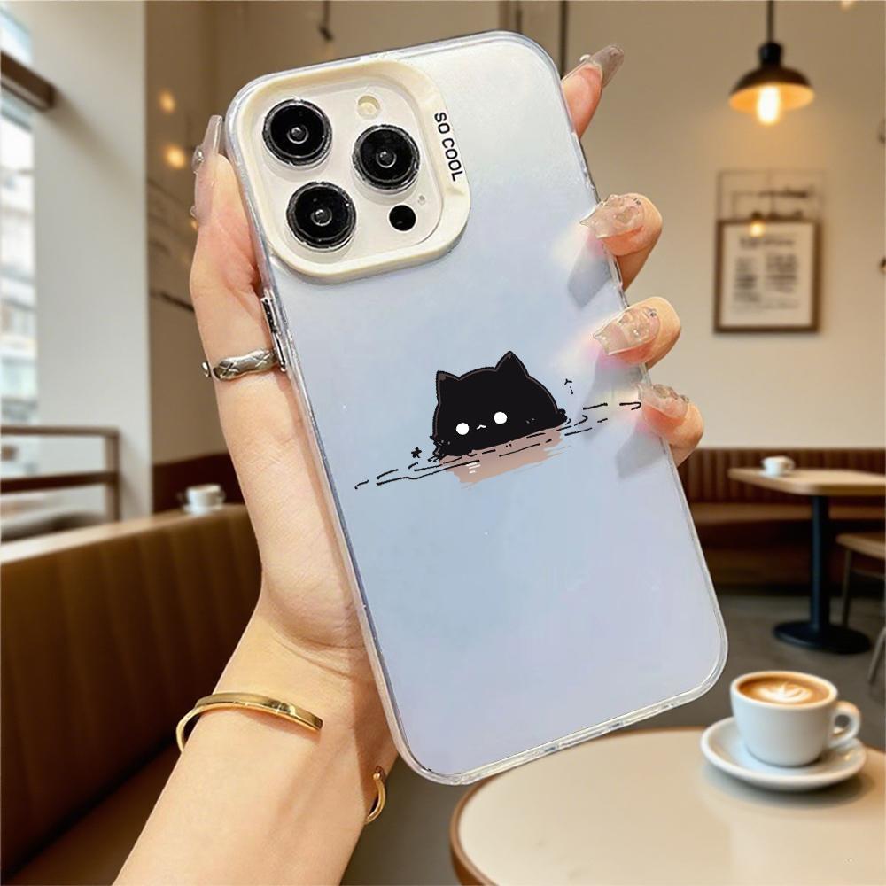 Милый Черный Кот в Воде Жесткий Чехол для Телефона для Iphone 16 15 14 13 12 11 Pro Max Mini Ударопрочный Защитный Чехол от Царапин