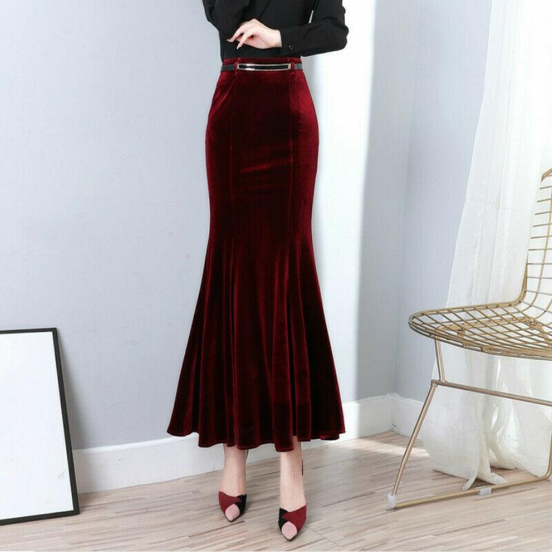 Женская бархатная юбка-русалка с рыбьим хвостом, длинная макси-облегающая черная винтажная юбка