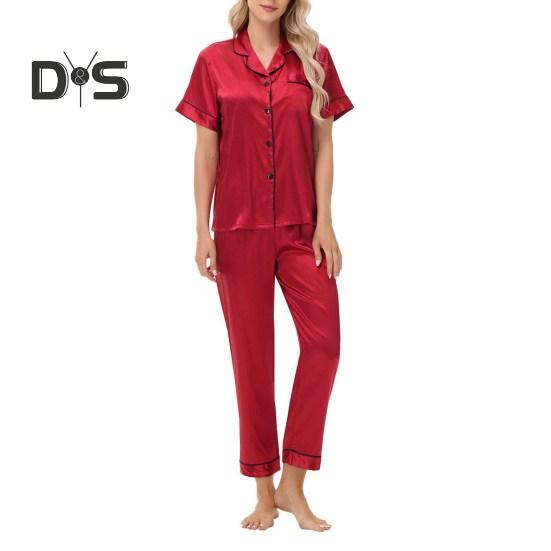 Пижамный костюм из 2 предметов, однобортный, из атласа, шелка, большого размера, кардиган, рубашка с V-образным вырезом, воротник-стойка, однотонная рубашка, широкие свободные брюки, ночная рубашка