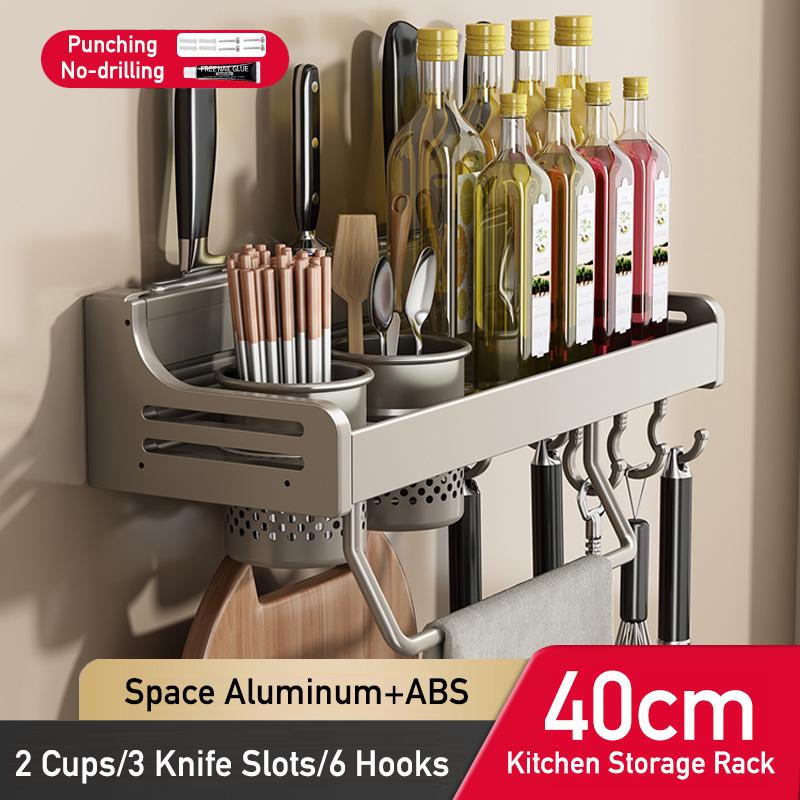 Kitchen Organizer Shelf Wall Mounted Spice Rack Seasoning Holder Dishcloth Towel Rack Knife Spoon Fork Shovel Storage Shelves