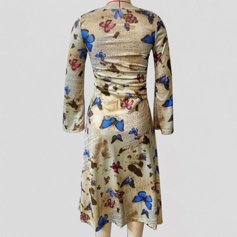 Женское элегантное платье с круглым вырезом и принтом в виде бабочки и длинными рукавами, облегающее по талии