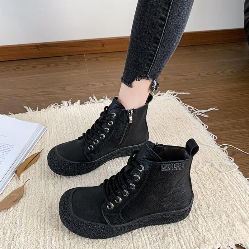 Women Pu Leather Ankle Boots New Lace-Up Platform Shoes Ladies Wide Fit Short Boots Woman Oxfors Sneakers Brown Booties