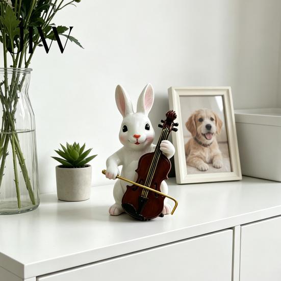 Durable Waterproof Figurine Cute Rabbit Playing Violin Ornament, Synthetic Resin Animal Figurine, Decorative Garden Ornament Realistic Hand