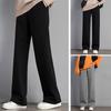 Women Autumn Winter Fleece Lining Pants Elastic High Waist Straight Wide Leg Pants Solid Color Loose Fit Long Trousers