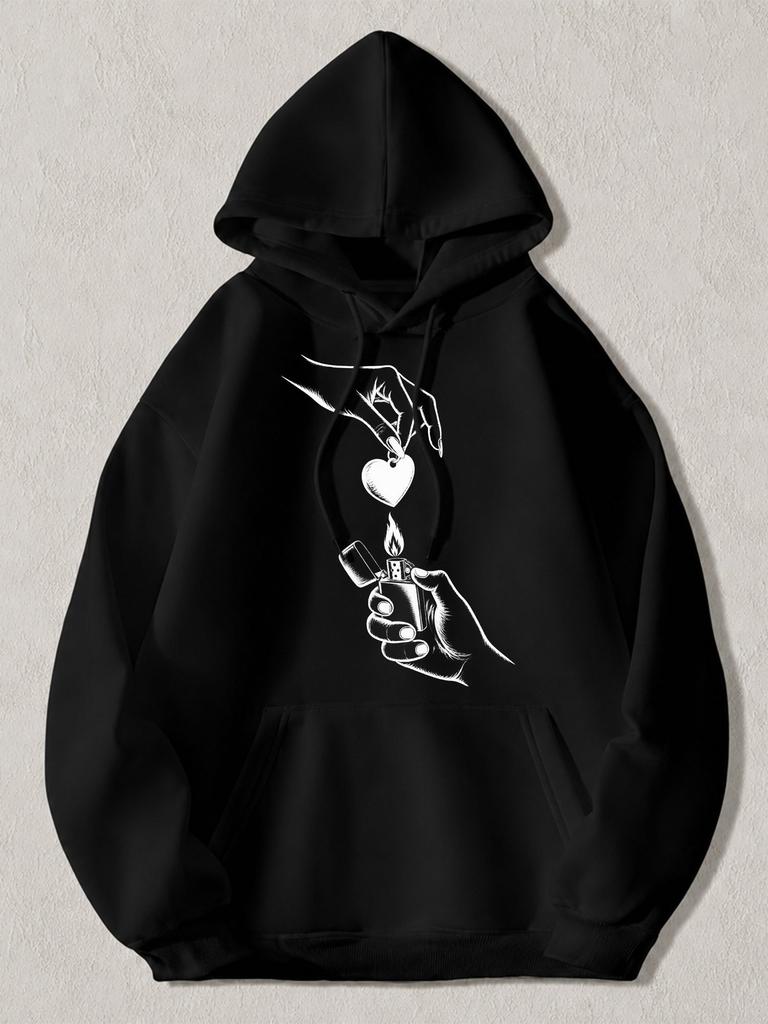 Black Pullover Hoodie with White Graphic Print of Hands Holding a Heart Pendant and Lighter Unisex Casual Streetwear Sweatshirt fo