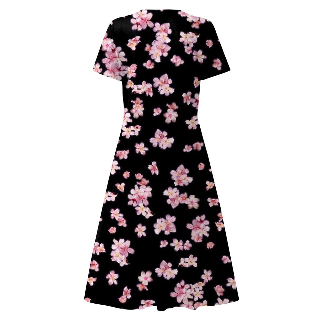 Women's Summer Casual Fashion Floral Print Short Sleeve V-Neck Swing Dress