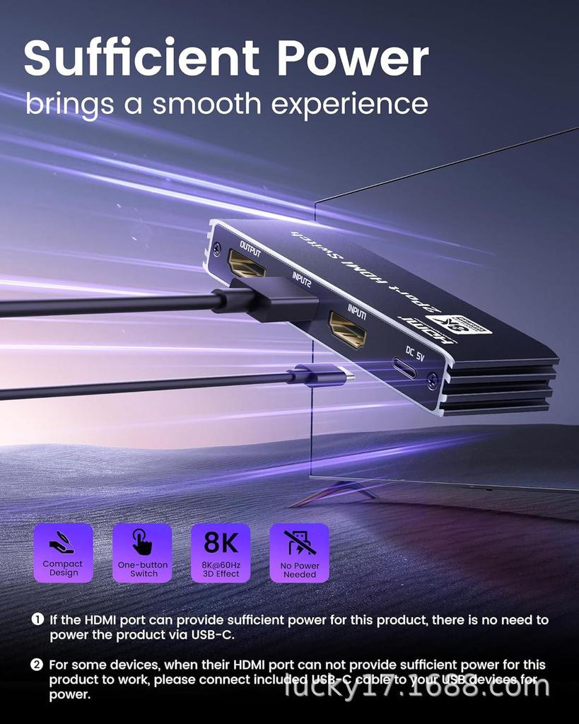 8K60 Ultra HD HDMI 2.1 Переключатель с пультом ДУ, 2 входа 1 выход, Мгновенное переключение