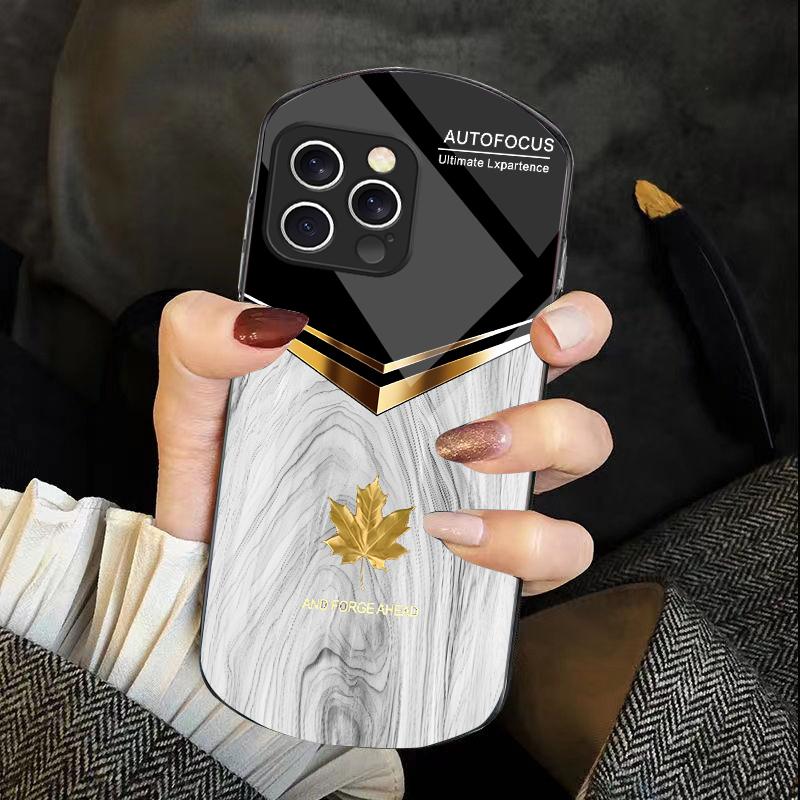 V-shaped Maple Leaf For Iphone 11 12 13 14 15 16 Pro Max Plus Mini 7 8 Se 2020 X Xs Xr Elliptical Tempered Glass Phone Case
