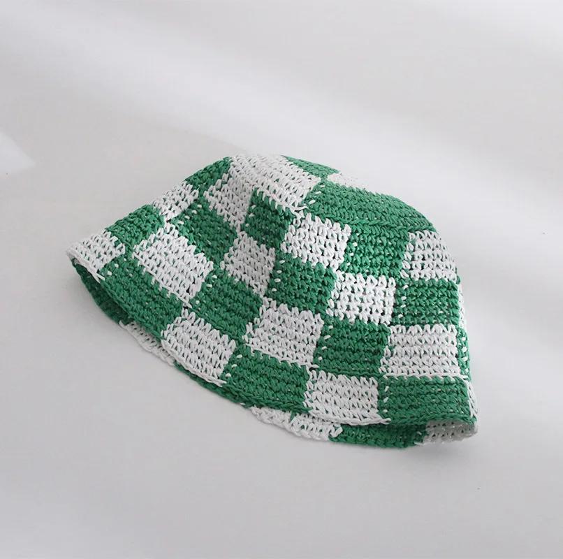 Japan Korea Crochet Beach Straw Hat Women Summer Flowers Grid Pure Hand-woven Hat Sunshade Fisherman Breathable Bucket Gorras