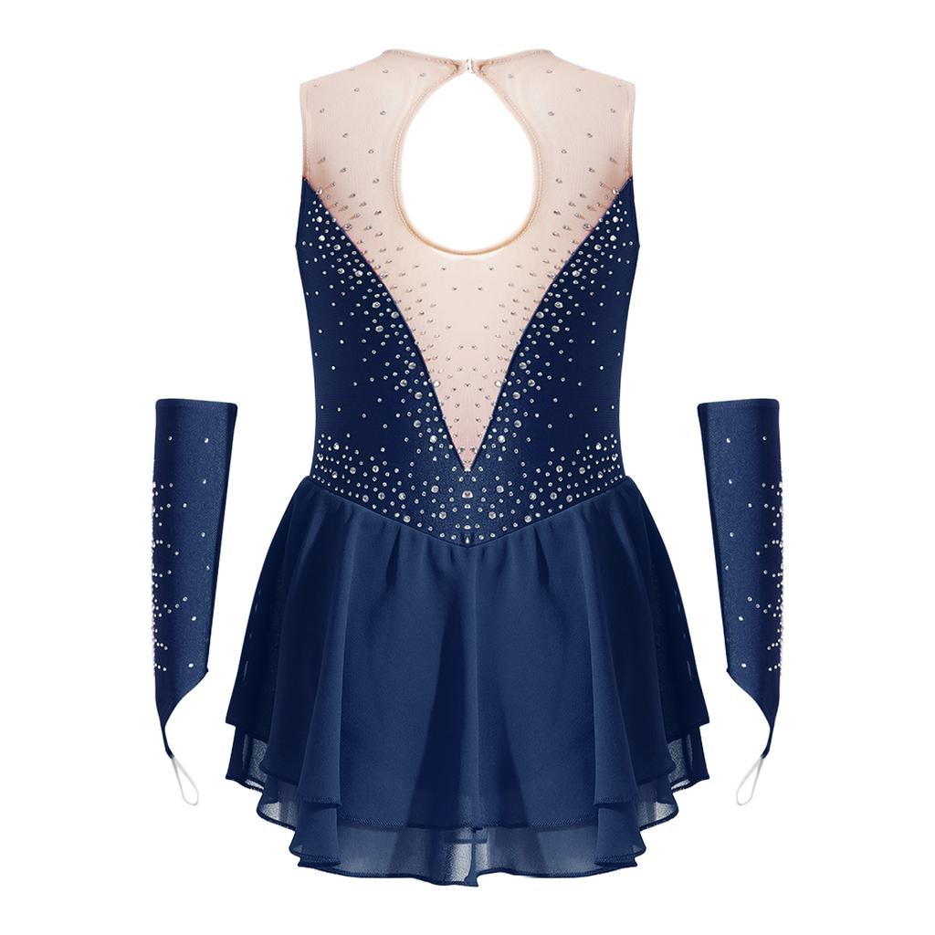 Girls Figure Skating Dress Sleeveless Glittering Rhinestone Keyhole Back with Gloves