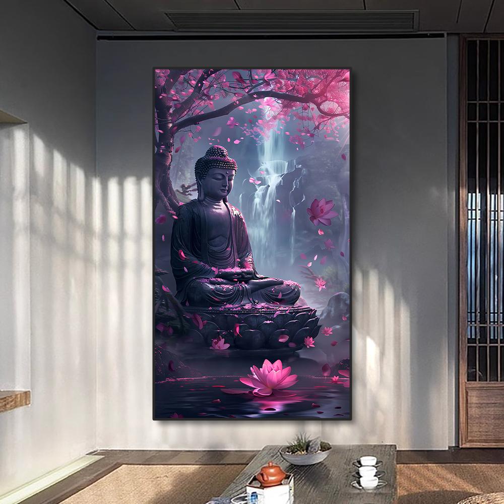 Modern Religious Abstract Buddhism Wall Art Posters and Prints Purple Flowers Buddha statue Canvas Painting Home Decor