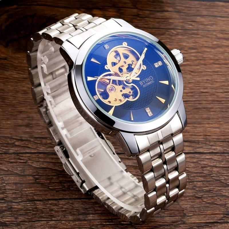 BYINO Мужские механические водонепроницаемые часы из золотой стали