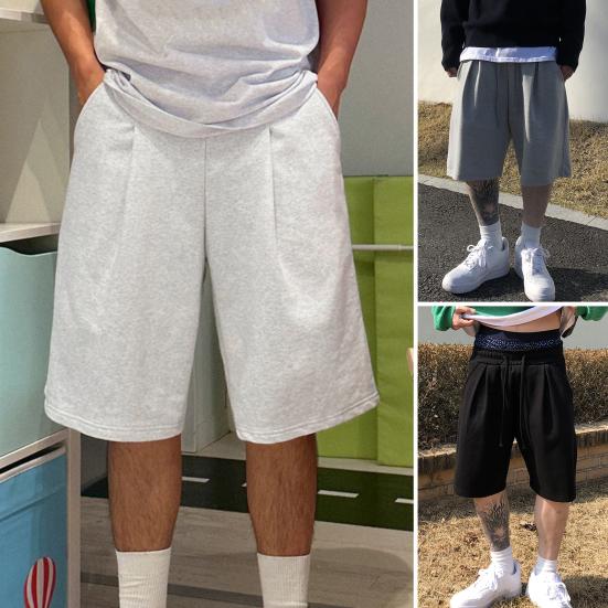 Men Casual Shorts Elastic Drawstring Waist Wide Leg Shorts Hip Hop Style Pockets Fitness Shorts Solid Color Sport Shorts