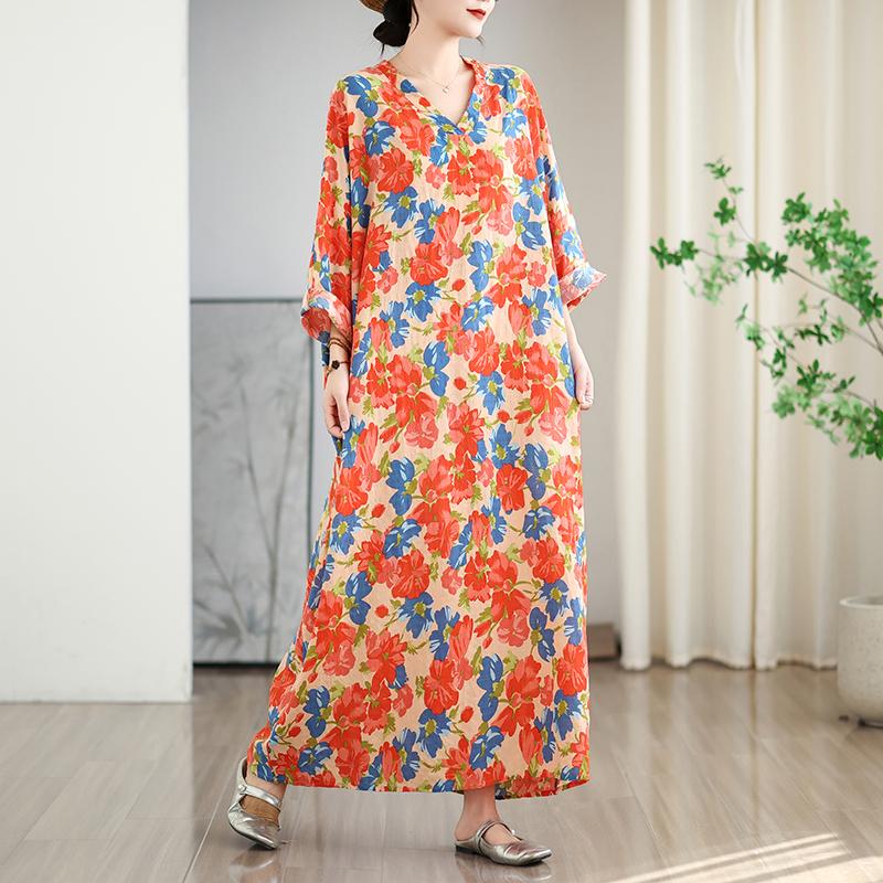 Dimanaf 2025 Women Spring Loose Dress Plus Size Basic Beach Printing Floral Casual Long Vintage Linen Dress