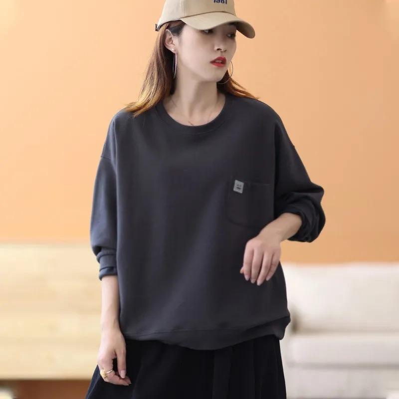 Fashionable and Versatile Women's Pure Cotton Sweatshirt Loose Round Neck Long Sleeve Loose Casual Pocket Top Pullover
