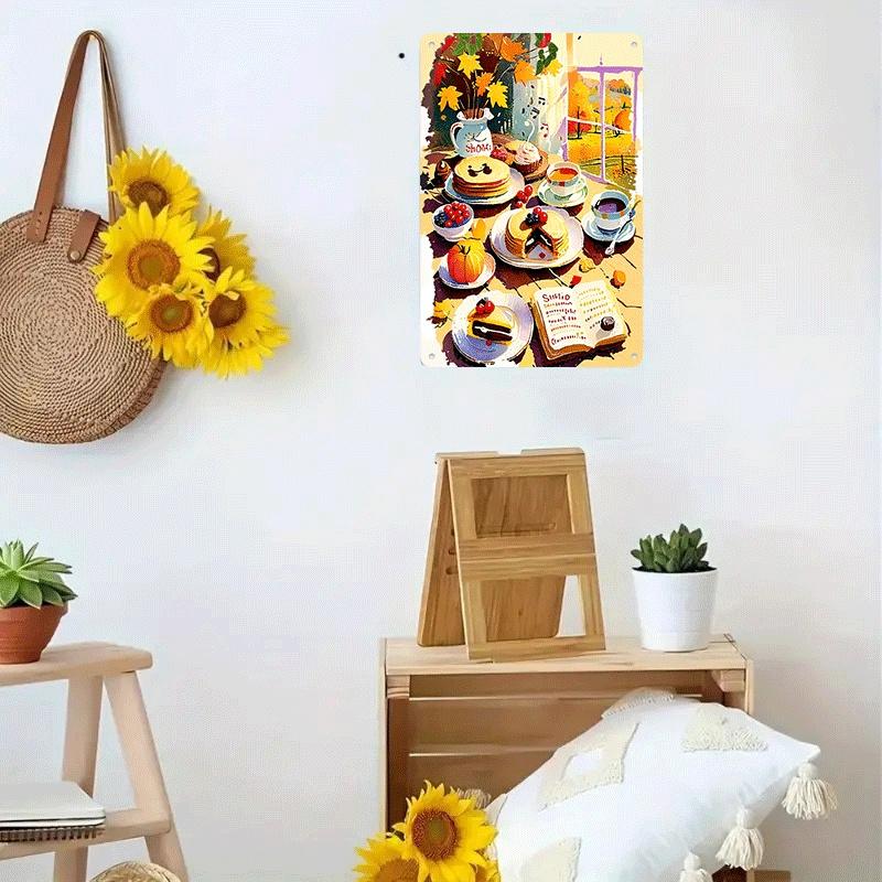1 piece: Autumn-themed cozy breakfast scene tin painting, retro kitchen decorative painting, home and dining room wall hanging,