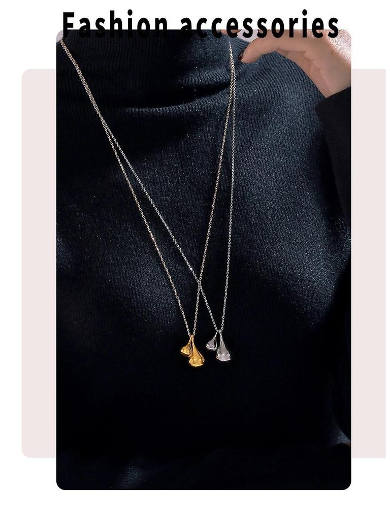 Chic European & American Style Gold-Plated Water Drop Pendant Necklace - Versatile Stainless Steel Sweater Chain Jewelry for Women