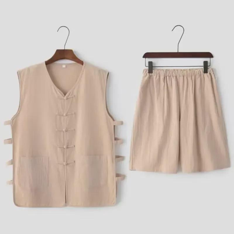 Мужской костюм Тан на весну и осень: Костюм из двух частей в китайском стиле из хлопка и льна с пуговицами