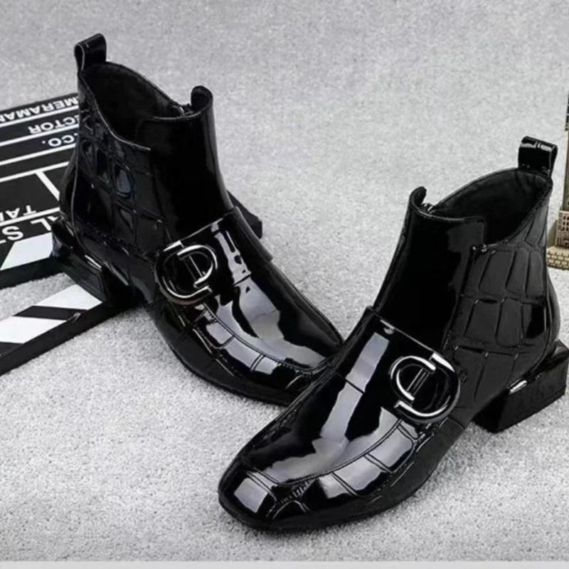 Lacquer Leather Short Boots Women Four Seasons British Fashion Plush Comfort Boots Outdoor Walking Casual Shoes Ankle