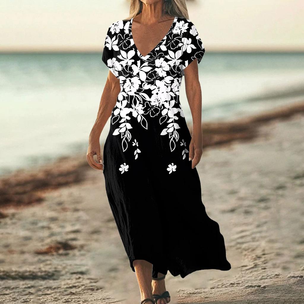 Women's Summer V-Neck Short Sleeve Cotton Linen Gradient Printed Loose Beach Dresses