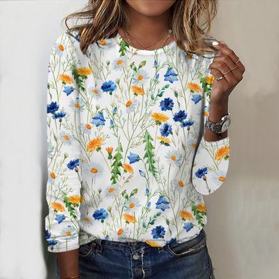 Топы на весну и осень с принтом травы и цветов, круглый вырез, длинный рукав, футболка, осенний повседневный тонкий пуловер, женский топ с длинным рукавом
