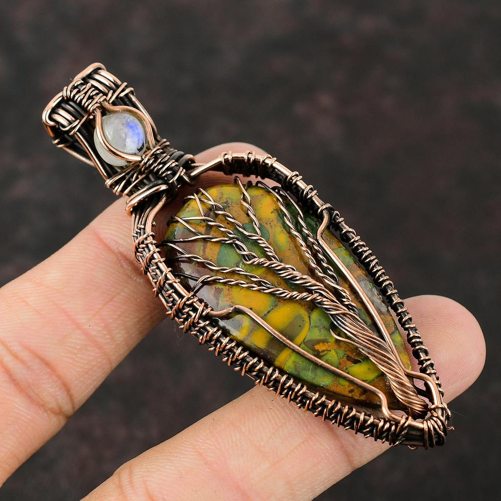 Подвеска из фруктовой яшмы «Дерево жизни», подвеска из медной проволоки с драгоценным камнем, украшения из радужного лунного камня, подвеска из проволоки ручной работы «Дерево жизни», украшения