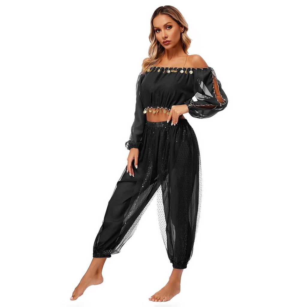 Женский наряд для танца живота для выступления на Хэллоуин, карнавальный костюм с длинными рукавами и открытыми плечами, укороченный топ с брюками с блестками