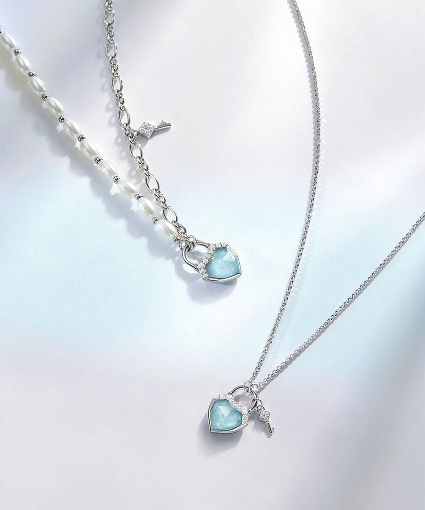 Lola Rose Heart Lock Amazonite Pendant Silver Chain Pearl Necklace