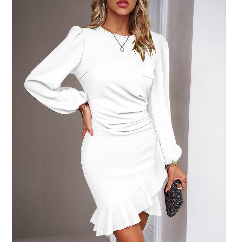 Women Bubble Sleeve Dress Solid Color Fishtail Party Dresses