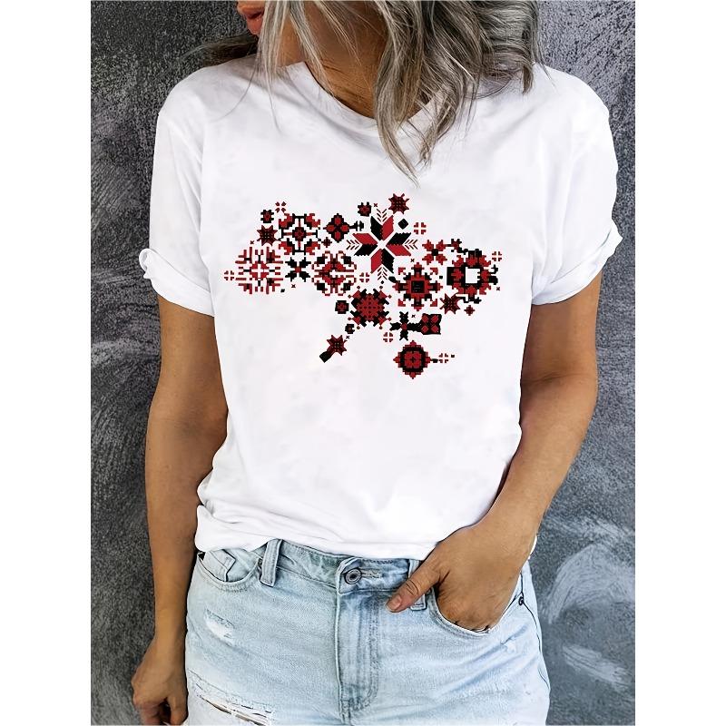 Geometric Print in Pixel Style - Spring And Summer - Casual Women'S T-Shirt with a Round Neck Ideal for Gift Giving
