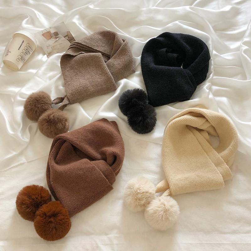 Soft Knit Winter Scarf With Pom Poms Women Warm Solid Color Neck Wrap In Ivory White Coffee Mocha Black Gray
