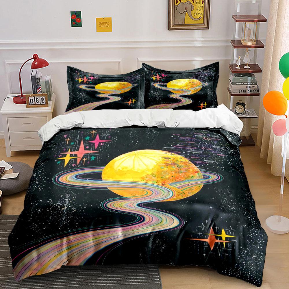 Yellow planet, rainbow rings. Bedding sets Duvet cover sets Duvet covers Pillowcases(1 * Duvet Cover 2 * Pillowcases without duvet insert)