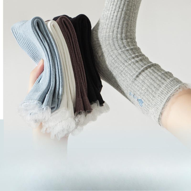 Тонкие носки на весну и осень для женщин, милые кружевные хлопковые носки до середины икры, вышитые сердечки и буквы, махровые носки для женщин