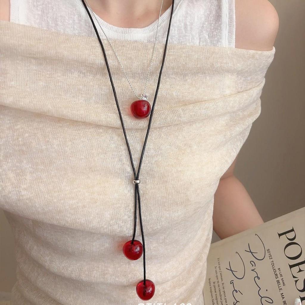Выдвижной кулон в виде красной вишни для женщин - элегантное длинное колье-чокер в виде цепочки для свитера.