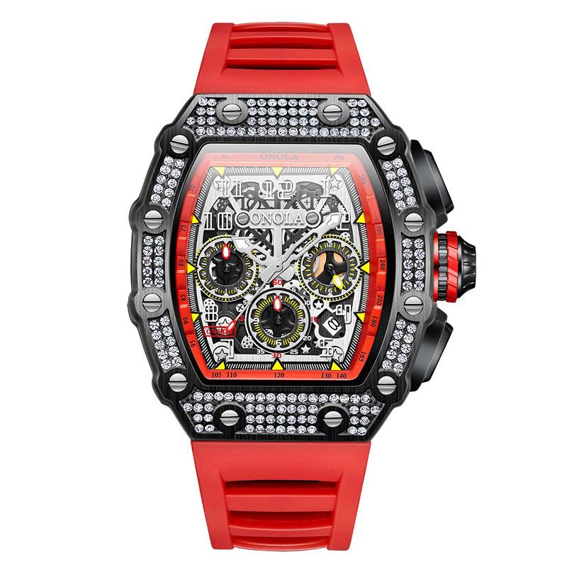 New Fashion Full Diamond Top Brand Multi-function Waterproof Quartz Men's Watch Silicone Band Sports Watch